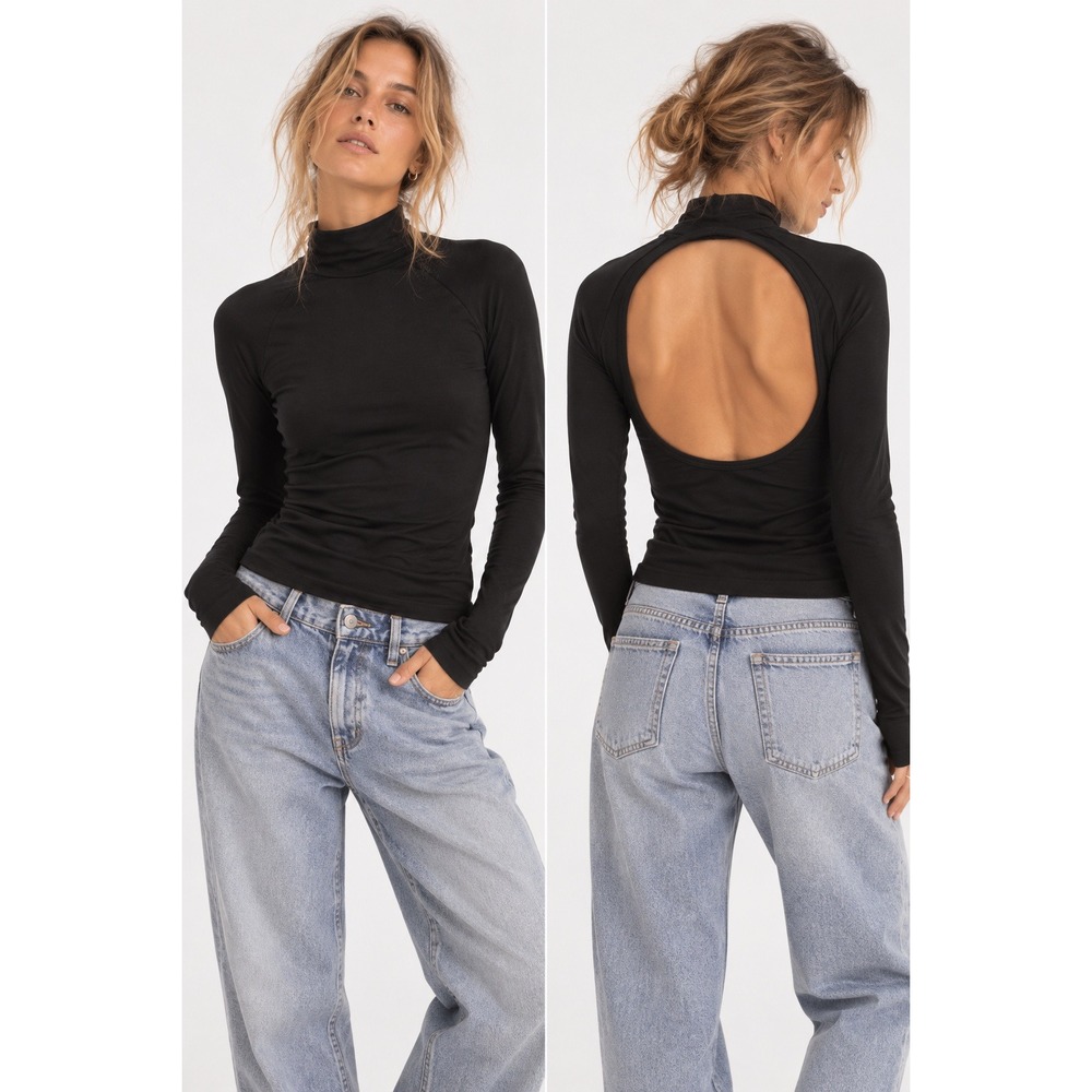 Free People Intimately NWT Skinny Mock Neck Open Back Top Black- XS/S